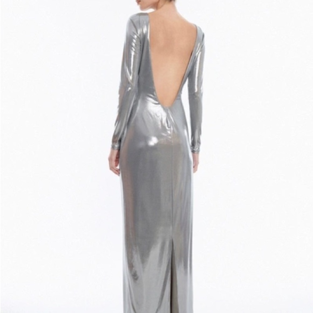 BCBG Maxazria Sheridan Backless Metallic Column Gown